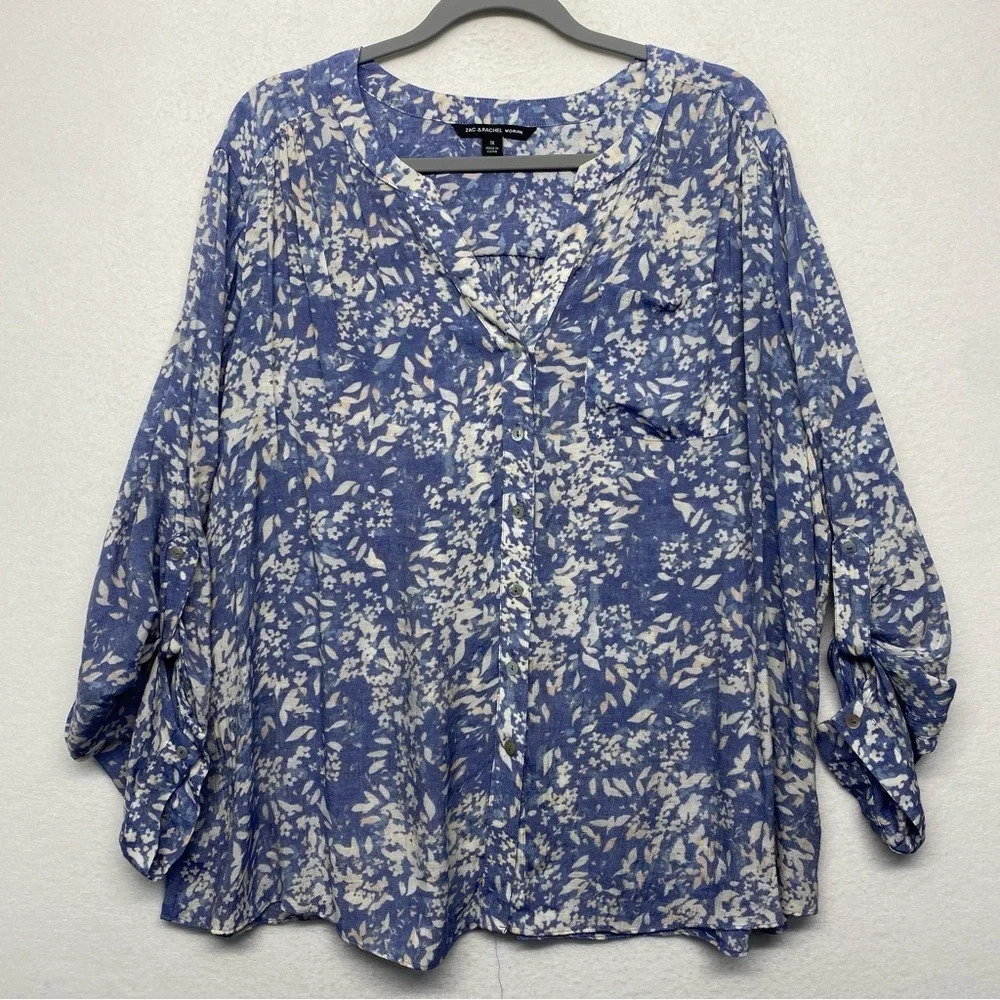 Zac & Rachel Woman Blouse Floral 1x Roll Tab Sleeves Flowy